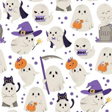 Halloween Seamless Pattern with Cute Ghost Vampire, Witch, Reaper, Tombstone Stock Illustration