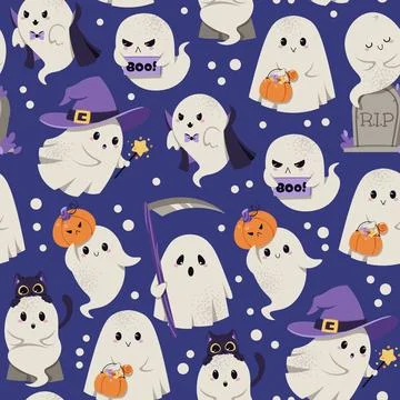 Halloween Seamless Pattern with Cute Ghost Vampire, Witch, Reaper, Tombstone Stock Illustration