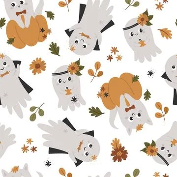 Halloween seamless pattern with cute ghosts. Stock Illustration
