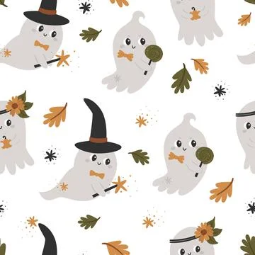 Halloween seamless pattern with cute ghosts. Stock Illustration