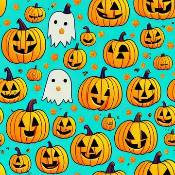Halloween seamless pattern with cute ghosts and pumpkins 库存插图