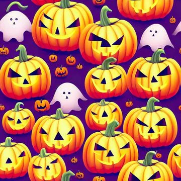 Halloween seamless pattern with cute ghosts and pumpkins Stock Illustration