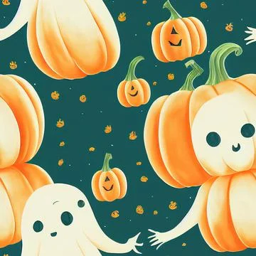 Halloween seamless pattern with cute ghosts and pumpkins Stock Illustration