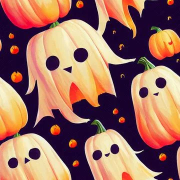 Halloween seamless pattern with cute ghosts and pumpkins 库存插图