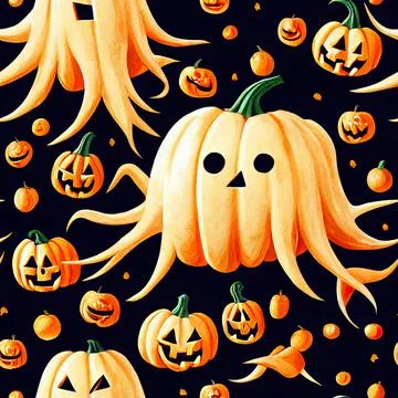 Halloween seamless pattern with cute ghosts and pumpkins 库存插图