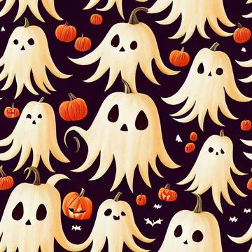Halloween seamless pattern with cute ghosts and pumpkins 库存插图