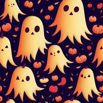 Halloween seamless pattern with cute ghosts and pumpkins Stock Illustration