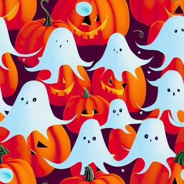 Halloween seamless pattern with cute ghosts and pumpkins Stock Illustration