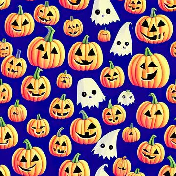 Halloween seamless pattern with cute ghosts and pumpkins 库存插图