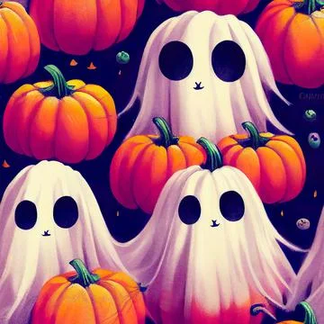 Halloween seamless pattern with cute ghosts and pumpkins 库存插图