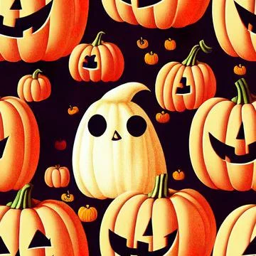 Halloween seamless pattern with cute ghosts and pumpkins Stock Illustration