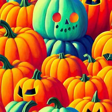 Halloween seamless pattern with cute ghosts and pumpkins Stock Illustration