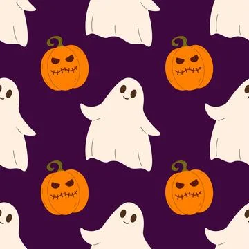 Halloween seamless pattern with cute ghosts and scary pumpkins Stock Illustration