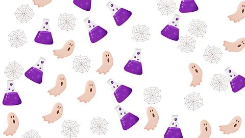 Halloween seamless pattern with cute ghosts, purple potion flasks and spide.. Illustrazione stock