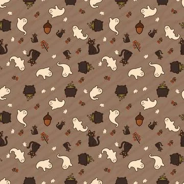 Halloween Seamless Pattern With Cute Ghosts, Black Cats And Cauldrons Stock Illustration
