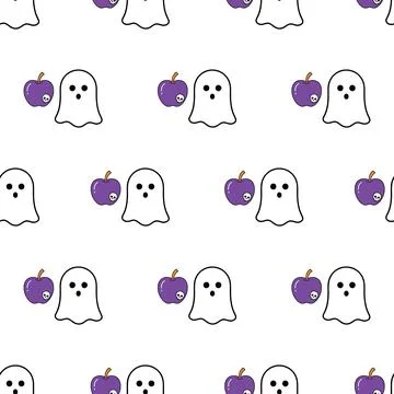 Halloween seamless pattern with cute ghosts and purple apples. Stock Illustration