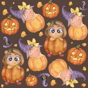 Halloween Seamless pattern. Cute illustrations - children in an orange pumpkin 스톡 일러스트