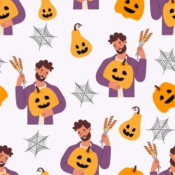 Halloween Seamless pattern. Cute man holding Pumpkin jack o lantern and wit.. Stockillustratie