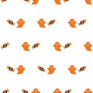 Halloween seamless pattern with cute orange ghosts and candies on a white b.. Stock Illustration