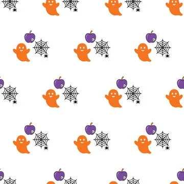 Halloween seamless pattern with cute orange ghosts, purple apples, and blac.. Stock Illustration