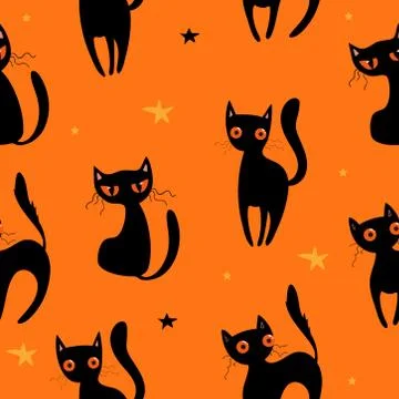 Halloween seamless pattern with cute pumpkins, black cat and other halloween Stock Illustration