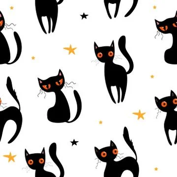 Halloween seamless pattern with cute pumpkins, black cat and other halloween Stock Illustration