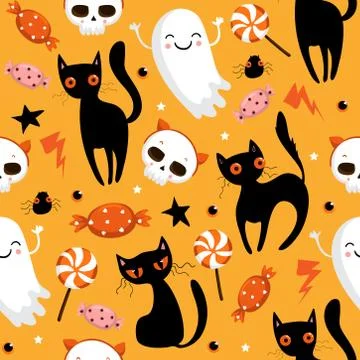 Halloween seamless pattern with cute pumpkins, black cat and other halloween Illustrazione stock