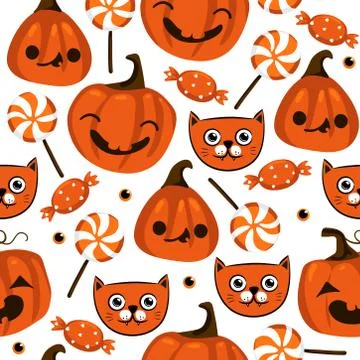 Halloween seamless pattern with cute pumpkins, black cat and other halloween Stock Illustration
