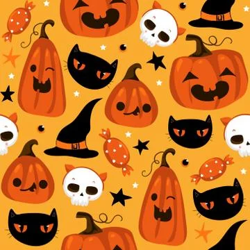 Halloween seamless pattern with cute pumpkins, black cat and other halloween Stock Illustration