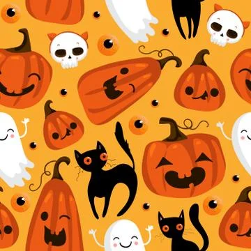Halloween seamless pattern with cute pumpkins, black cat and other halloween Stock Illustration