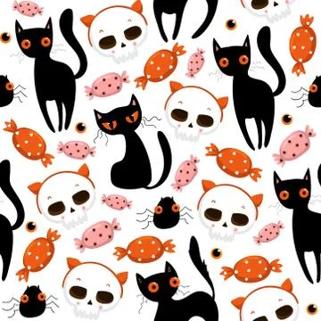 Halloween seamless pattern with cute pumpkins, black cat and other halloween Stock Illustration