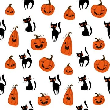 Halloween seamless pattern with cute pumpkins, black cat and other halloween Stock Illustration