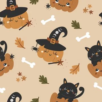 Halloween seamless pattern with cute pumpkins Stock Illustration