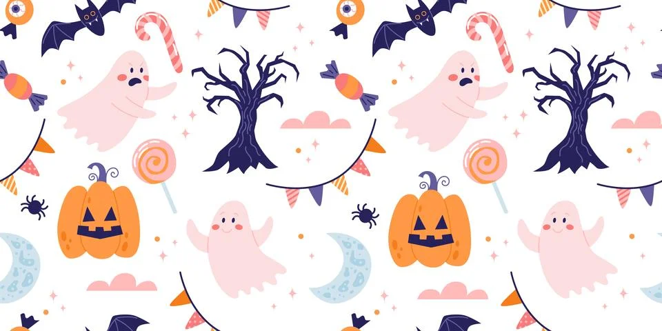 Halloween seamless pattern with cute pumpkins and ghosts. Vector illustration in Illustrazione stock