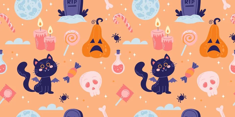 Halloween seamless pattern with cute pumpkins and black cats. Vector Illustrazione stock