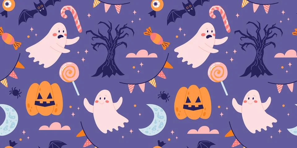 Halloween seamless pattern with cute pumpkins and ghosts. Vector illustration in Illustrazione stock