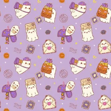 Halloween seamless pattern cute spooky ghosts delivering mail and gift boxe.. Stock Illustration