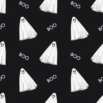 Halloween seamless pattern with cute white sheet ghosts and boo text on dark Stock Illustration