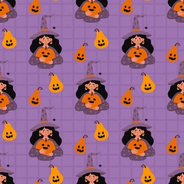 Halloween Seamless pattern. Cute Witch Girl In Hat and Pumpkin jack o lante.. 스톡 일러스트