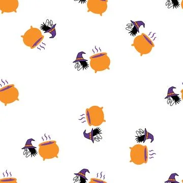 Halloween seamless pattern with cute witch hats and orange boiling cauldrons. Stock Illustration