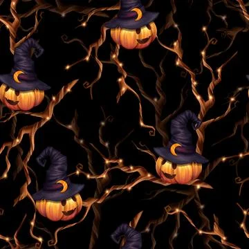 Halloween seamless pattern. Decorative background with dry branches and pumpkins Stock Illustration