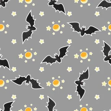 Halloween seamless pattern design with bat, moon and stars Illustrazione stock