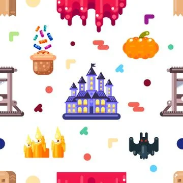 Halloween seamless pattern design with castle, bat, pumpkin and blood spills Stock Illustration