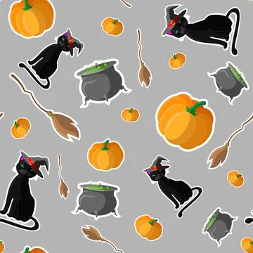 Halloween seamless pattern design with cat in witch hat, pumpkin, pot with a  스톡 일러스트