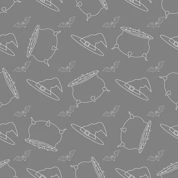 Halloween seamless pattern design with contour witch hat, pot with a potion a Stock Illustration