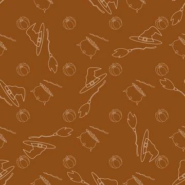 Halloween seamless pattern design with contour broom, magic wand, pot with a  Stock Illustration