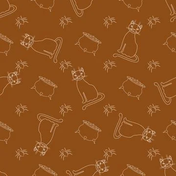 Halloween seamless pattern design with contour spider, pot with a potion and  Illustrazione stock