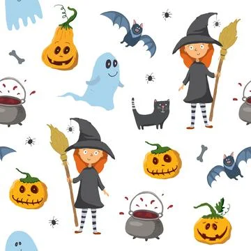Halloween seamless pattern design. Cute cartoon elements, holiday background, Illustrazione stock