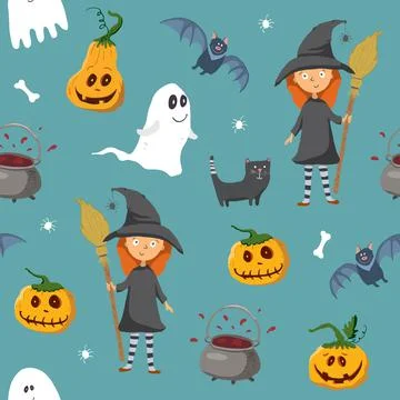 Halloween seamless pattern design. Cute cartoon elements, holiday background, 库存插图