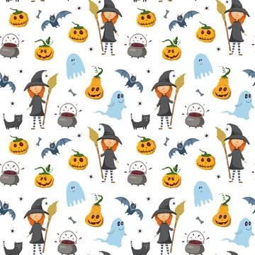 Halloween seamless pattern design. Cute cartoon elements, holiday background, 스톡 일러스트